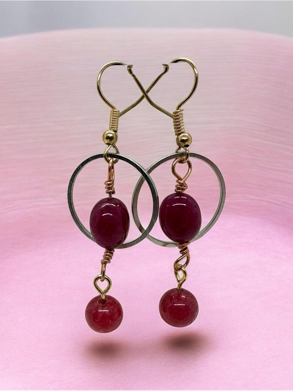 Handmade Red Beaded Dangle Earrings with Silver Hoops & Gold Wire